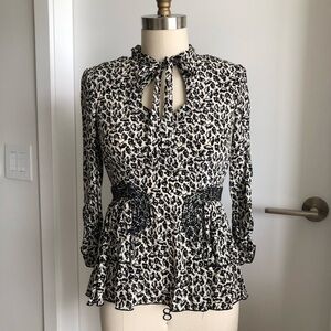 ANNA SUI White Black Birds Print Silk Top